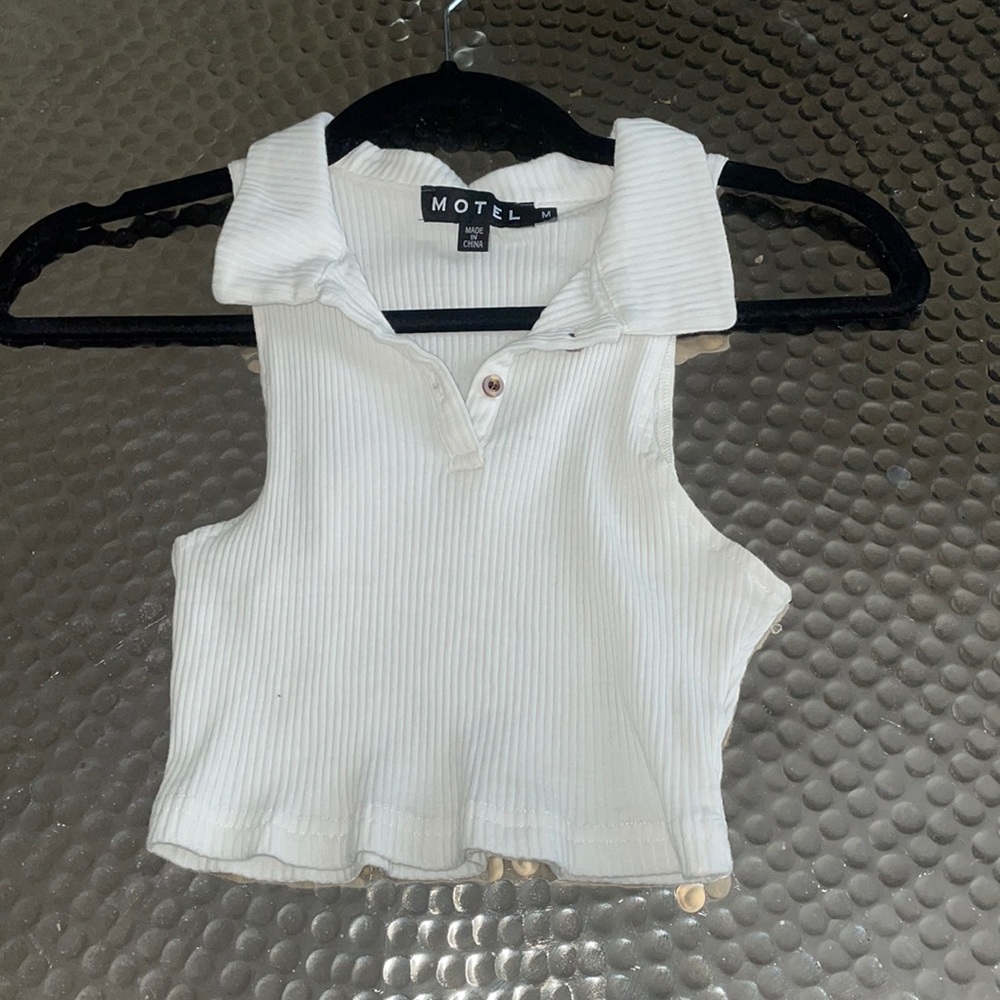 Princess Polly White Ribbed Sleeveless Polo Crop Top